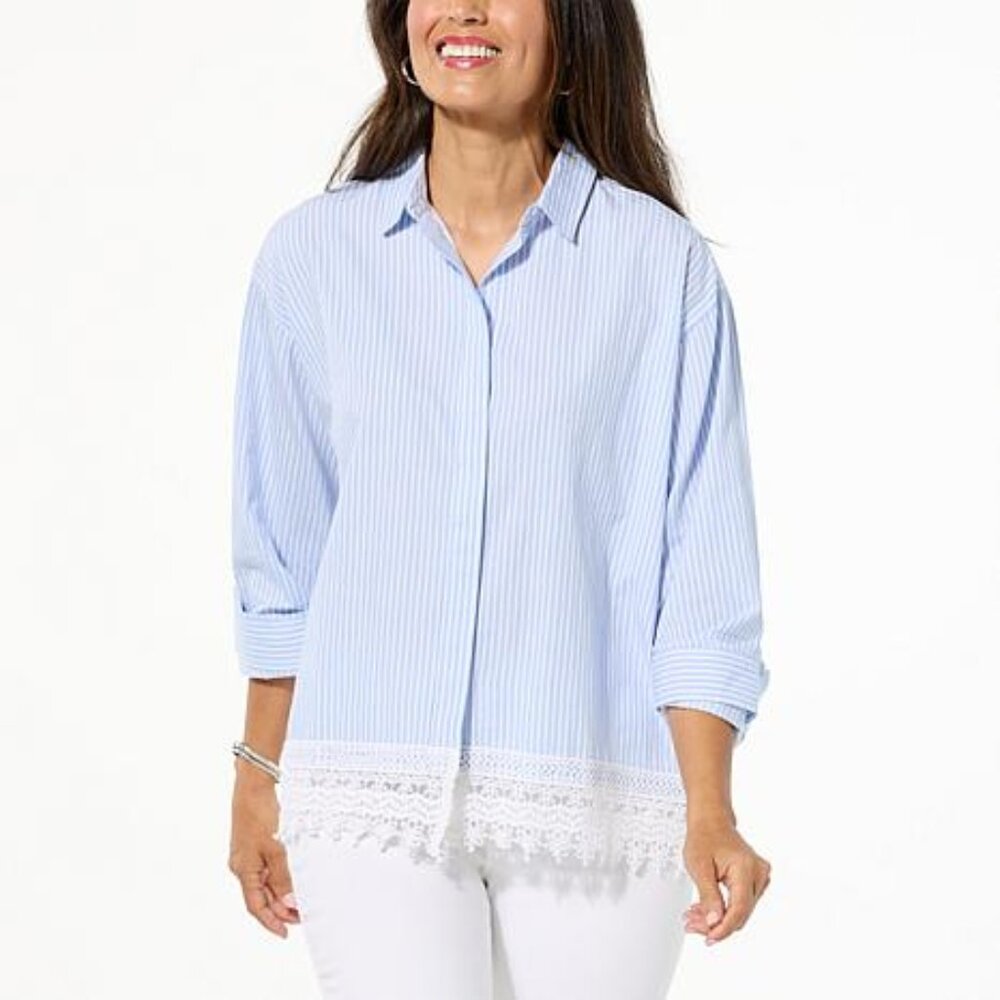 TWRHLL by Christie Brinkley Button Down Shirt with Lace   NWT 2X
